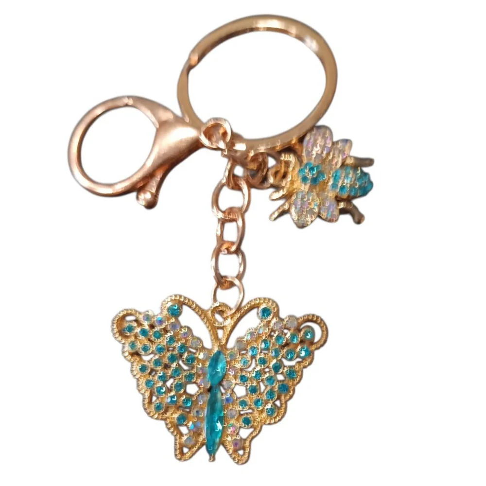 Beautiful Lt.Blue Rhinestone Butterfly Bumblebee Gold Tone Keychain Purse Charm